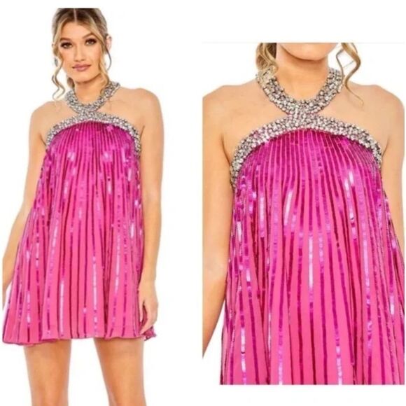 MacDuggal 10996 Pink Halter Neck Open Back Embellished Trapeze Dress Size 8